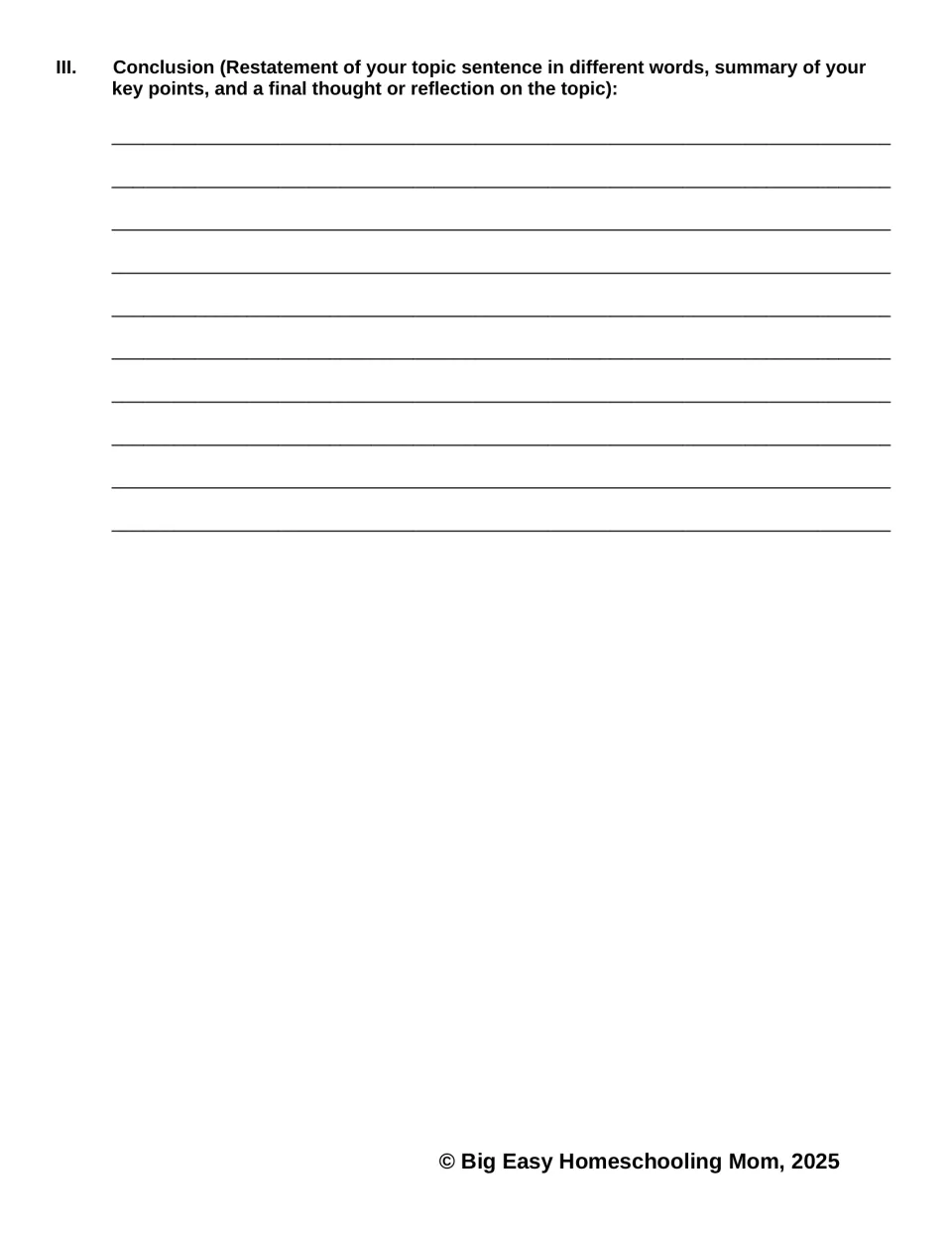 Conclusion planning, section III: students restate the main point, summarise key points and add a final thought