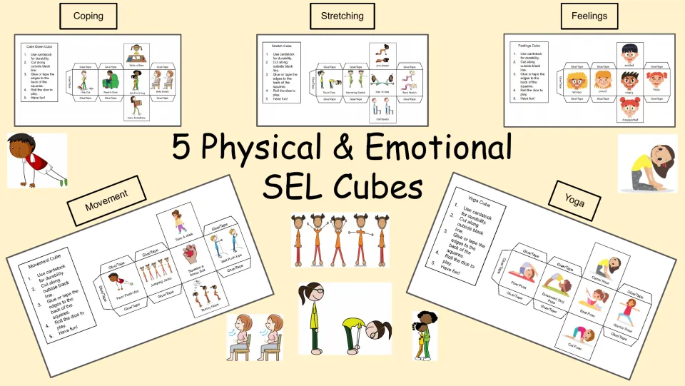 5 Physical & Emotional SEL Cubes cover showing Movement, Yoga, Coping, Stretching and Feelings cube nets with children