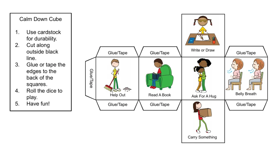 Calm down cube net with coping choices: help out, read a book, ask for a hug, belly breath, write or draw, carry something