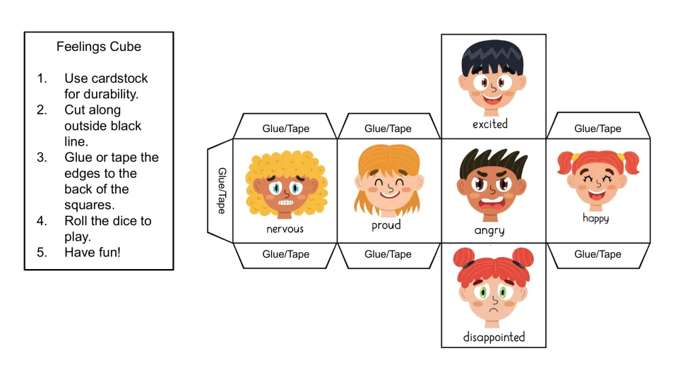 Feelings cube net with faces labeled nervous, proud, angry, happy, excited and disappointed for naming emotions