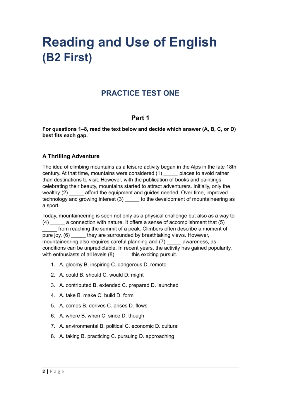 Practice Test One, Part 1: 'A Thrilling Adventure' mountain-climbing text with eight multiple-choice gaps