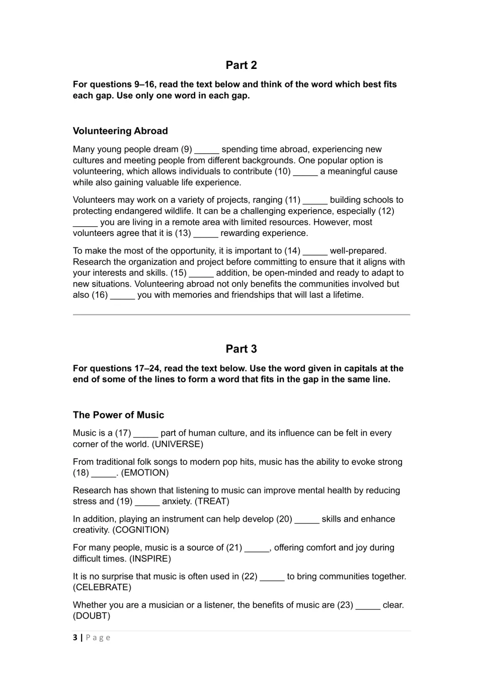 First test, Parts 2–3: 'Volunteering Abroad' one-word gaps and 'The Power of Music' word-formation tasks