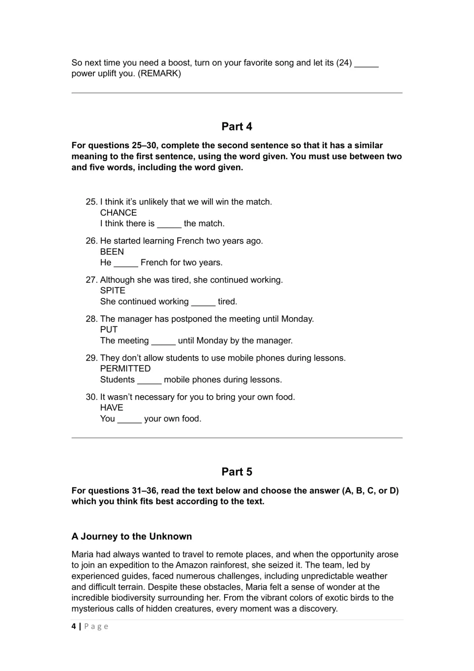 First test: final music word-formation item, six sentence transformations, and an Amazon expedition reading