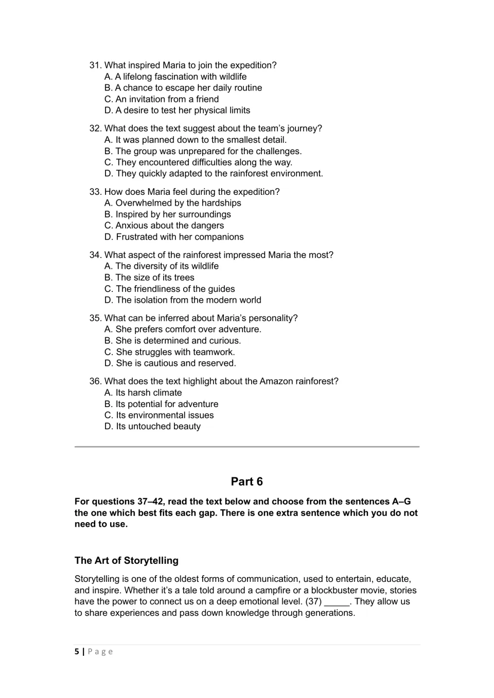 First test, Parts 5–6: six questions about Maria's Amazon expedition and the start of a storytelling gap task
