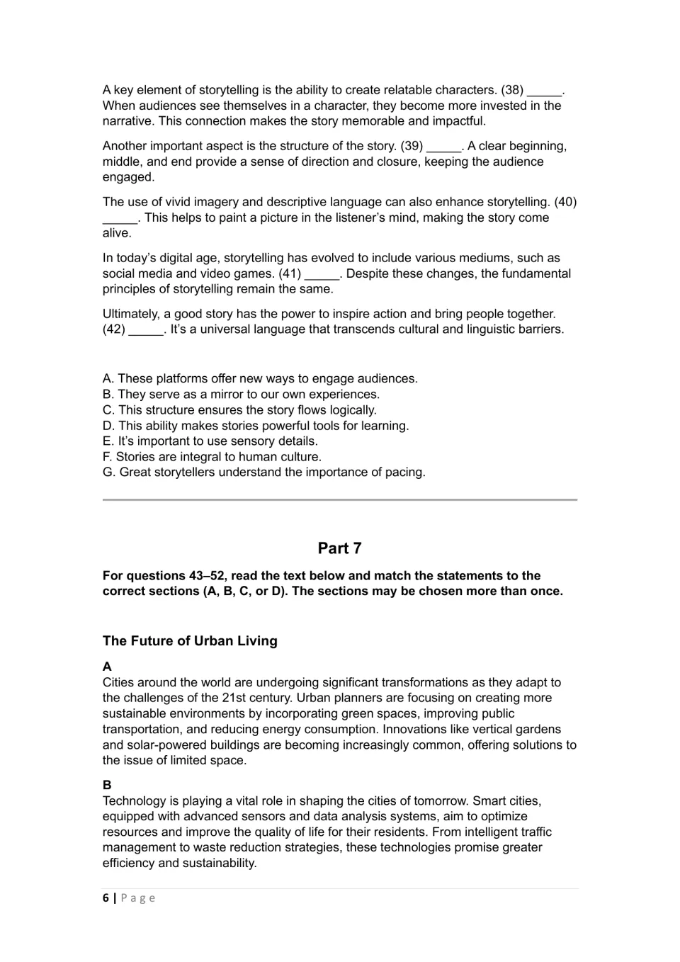 First test, Parts 6–7: storytelling gaps 38–42, sentence choices A–G, and urban living reading sections A–B