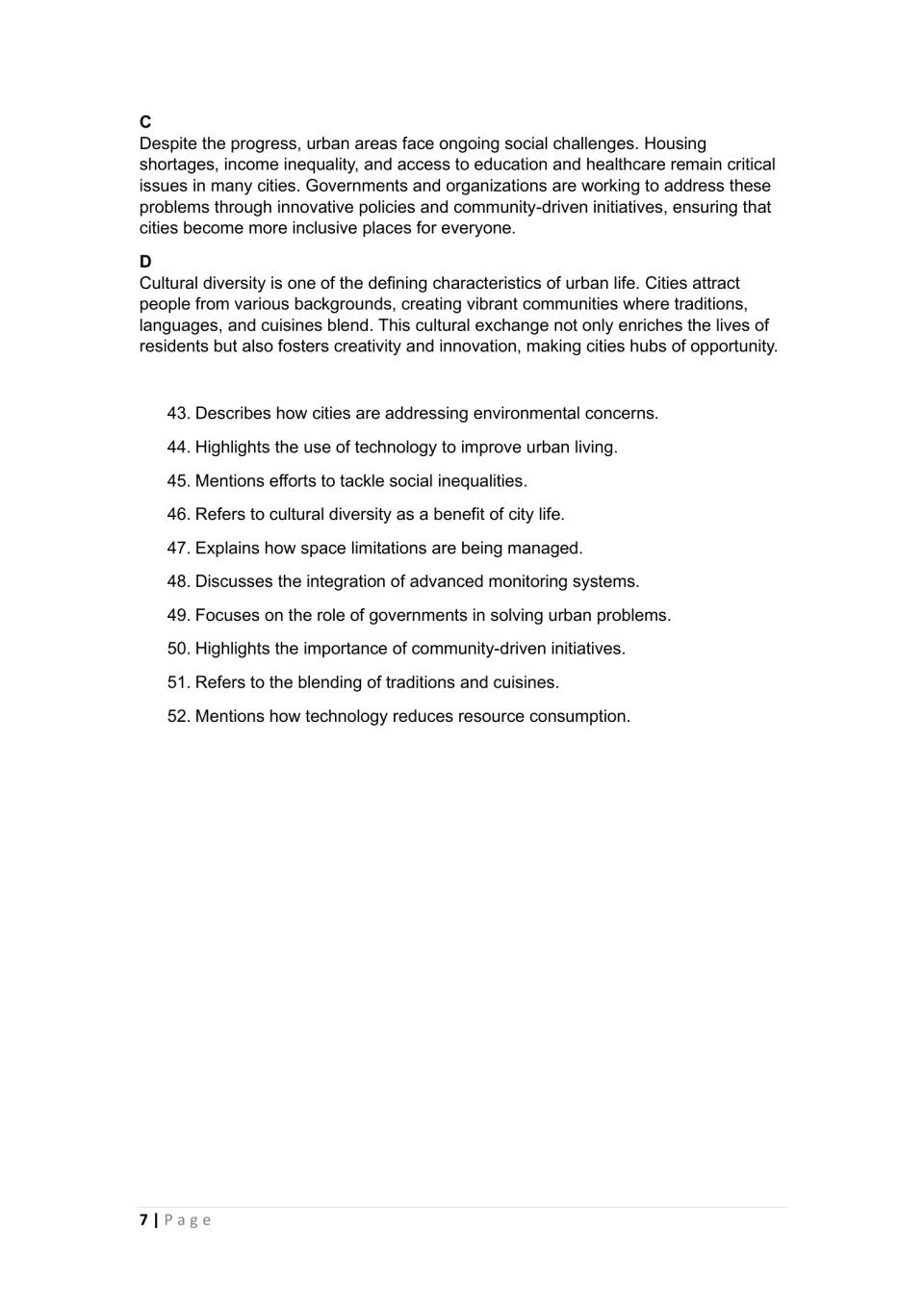 First test, Part 7: urban living sections C–D on social challenges and cultural diversity, plus items 43–52