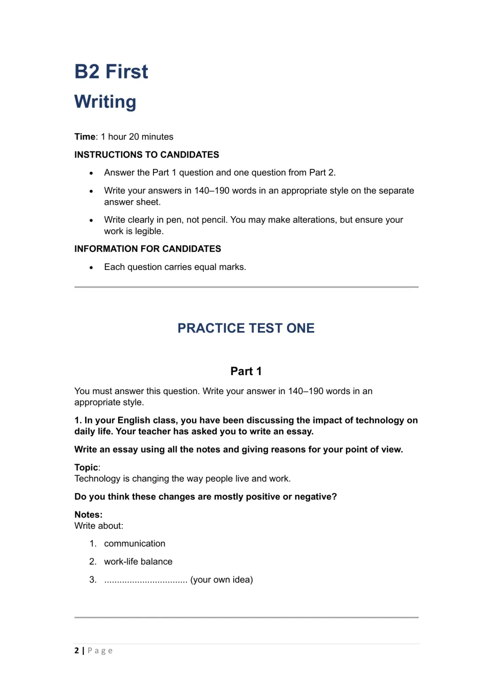 Test 1 instructions and Part 1 essay prompt on technology, communication, work-life balance, and an own idea