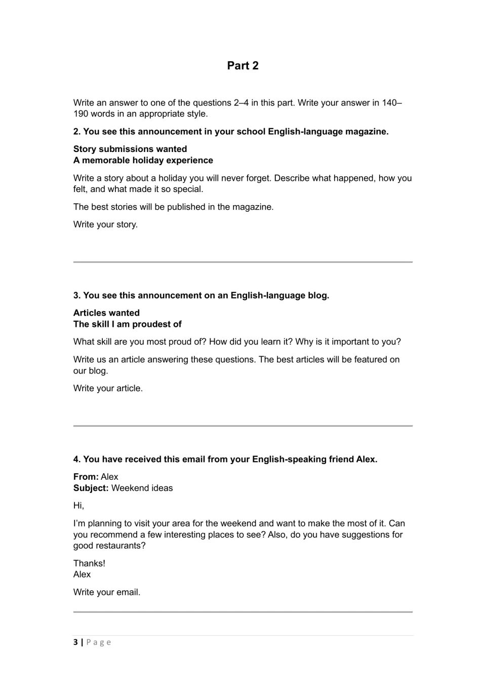 Test 1 Part 2 choices: a memorable holiday story, an article about a skill, or an email with weekend ideas