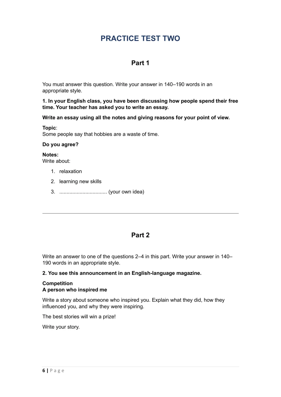 Test 2 required essay asks whether hobbies waste time; the first Part 2 choice is a story about an inspiring person
