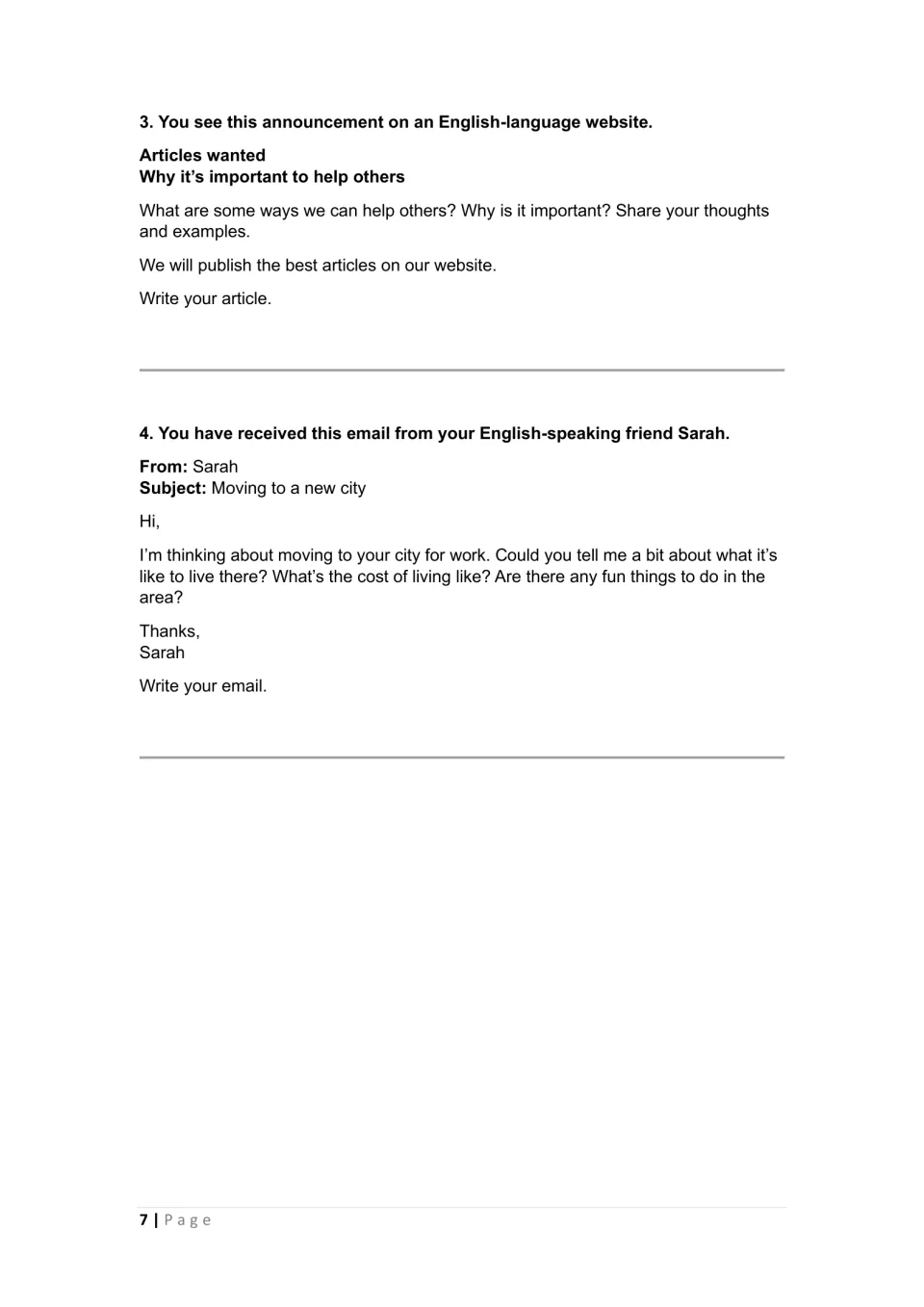 Test 2 Part 2 continues with an article on helping others and an email to Sarah about moving to your city