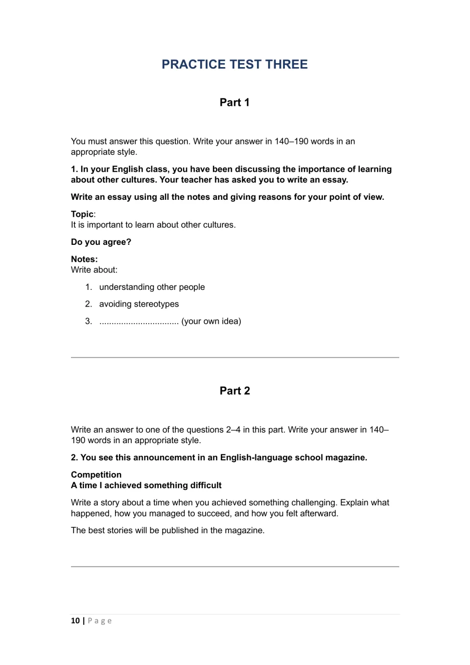 Test 3 required essay focuses on learning about other cultures; Part 2 begins with a story about a difficult achievement