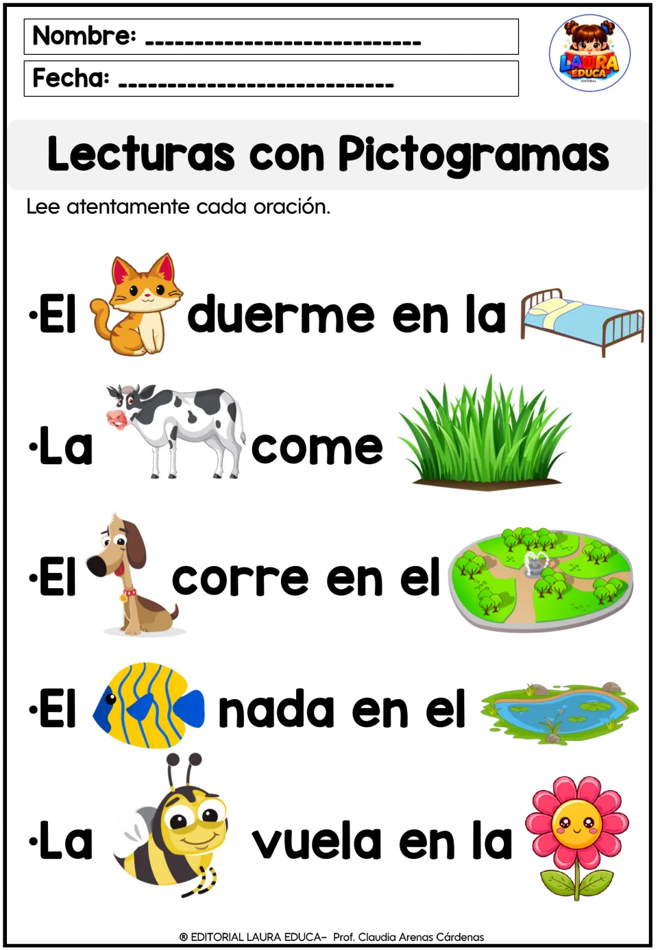 Spanish pictogram reading poster 1: cat, cow, dog, fish and bee sentences using come (eats) and other verbs