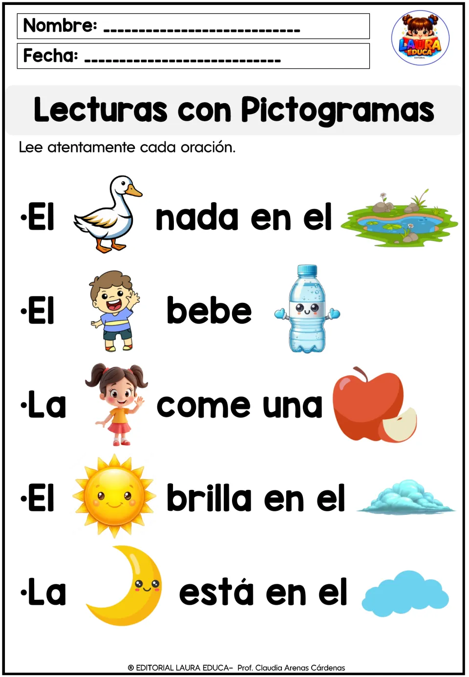 Spanish pictogram reading poster 2: duck, boy, girl, sun and moon sentences using bebe (drinks) and more