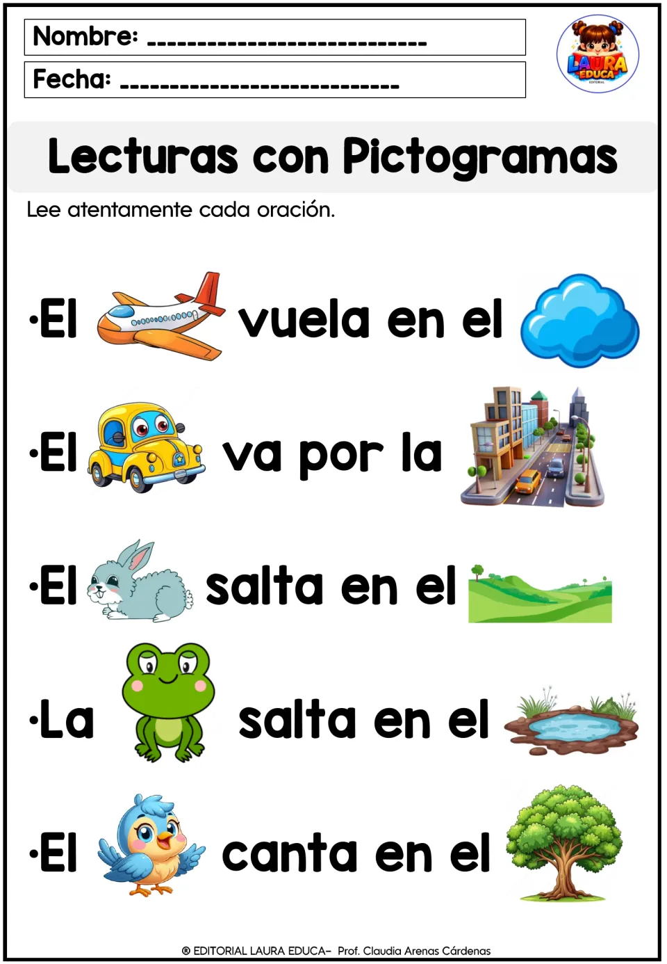 Spanish pictogram reading poster 3: airplane, car, rabbit, frog and bird sentences using salta (jumps)