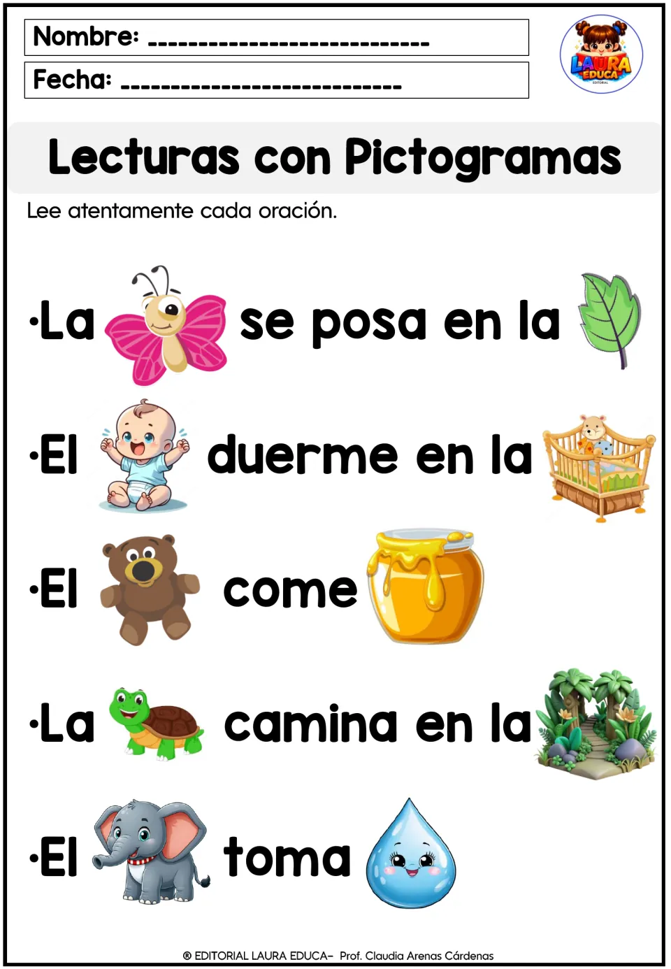 Spanish pictogram reading poster 4: butterfly, baby, bear, turtle and elephant sentences; duerme (sleeps)