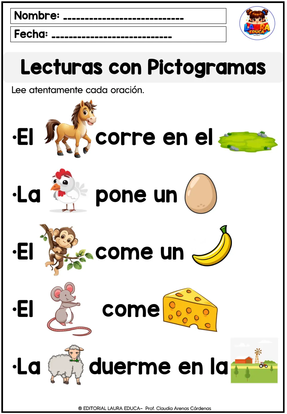 Spanish pictogram reading poster 5: horse, hen, monkey, mouse and sheep sentences using corre (runs)
