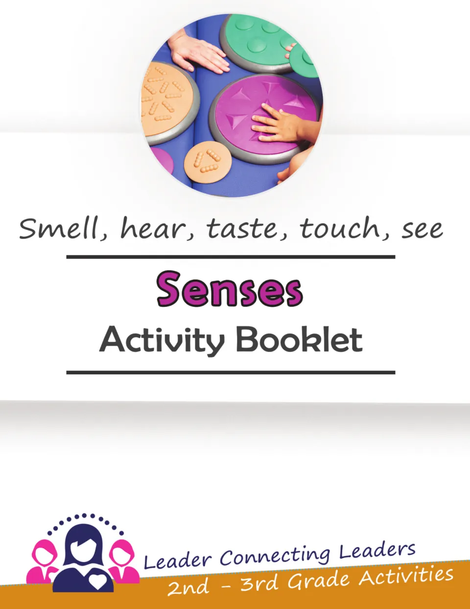 Senses Activity Booklet cover: smell, hear, taste, touch, see, with a photo of hands on textured sensory discs