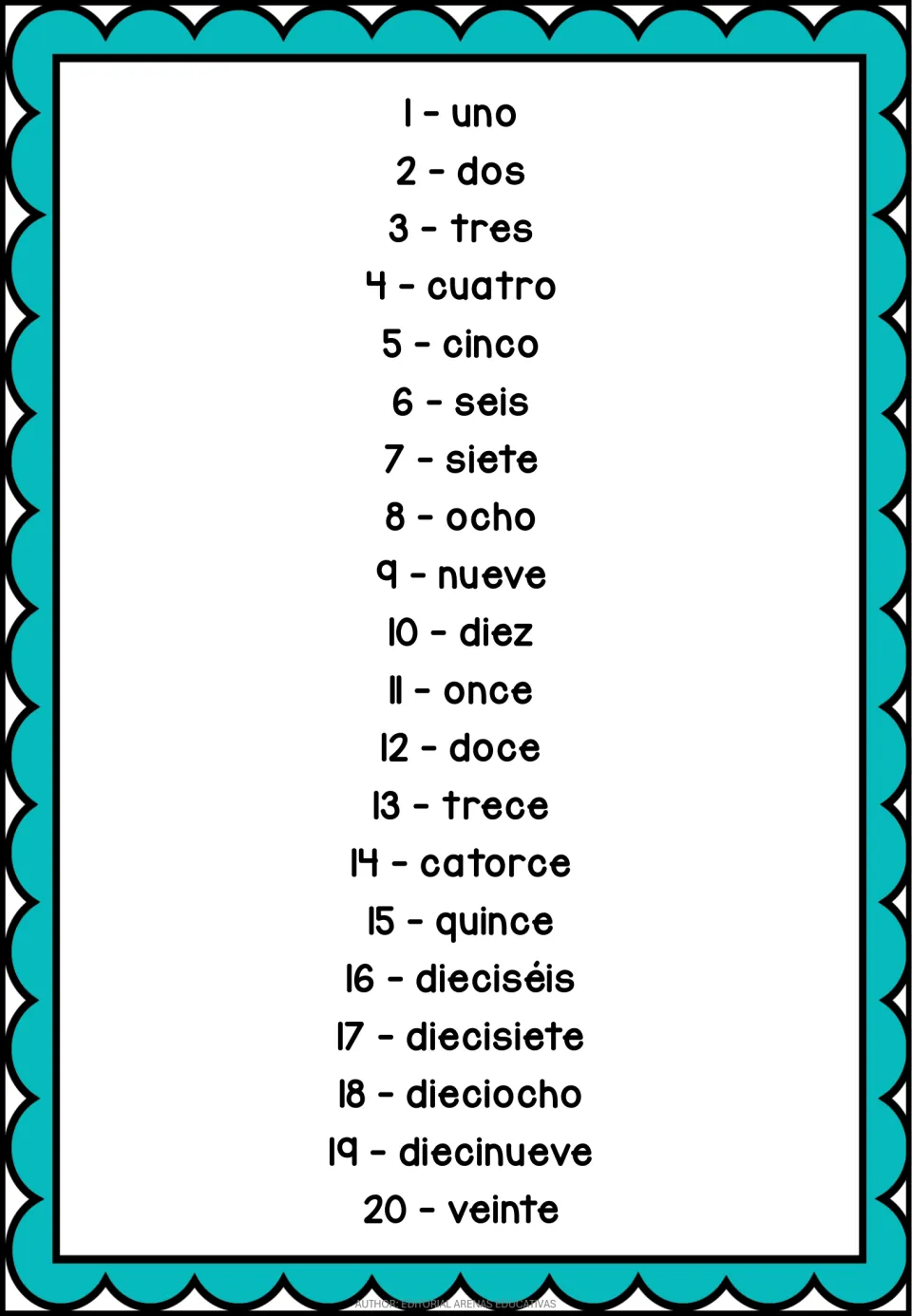 Spanish number poster for 1–20, pairing each numeral with its name, from uno (one) through veinte (twenty)