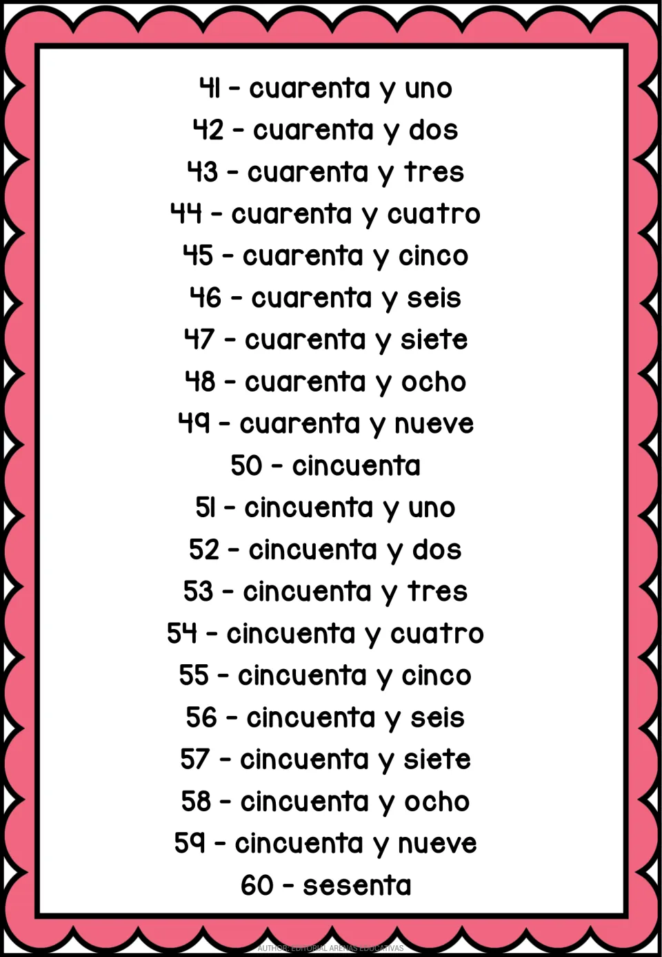 Spanish number poster for 41–60, with names from cuarenta y uno (forty-one) through sesenta (sixty)