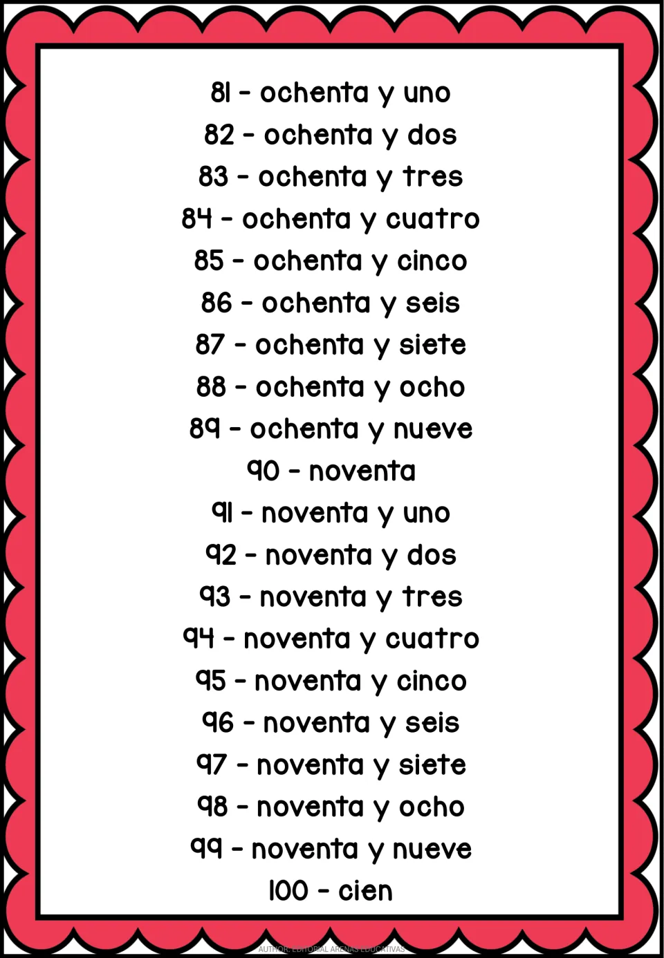 Spanish number poster for 81–100, with names from ochenta y uno (eighty-one) through cien (one hundred)