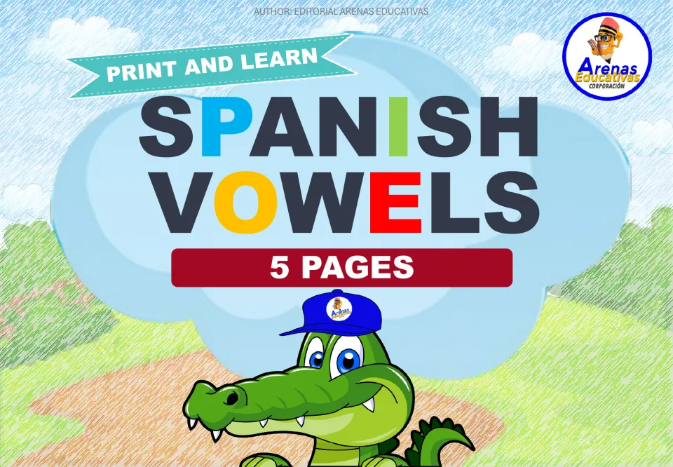 Cover of the Spanish vowel poster resource, labeled 'Print and Learn', 'Spanish Vowels', and '5 Pages'