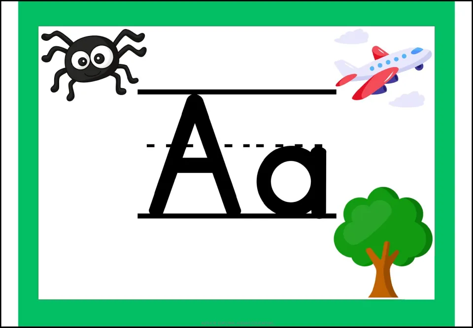 Spanish vowel A poster showing uppercase A and lowercase a with pictures of a spider, airplane, and tree