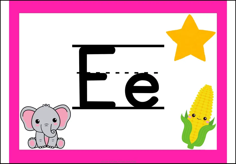 Spanish vowel E poster showing uppercase E and lowercase e with pictures of a star, elephant, and corn
