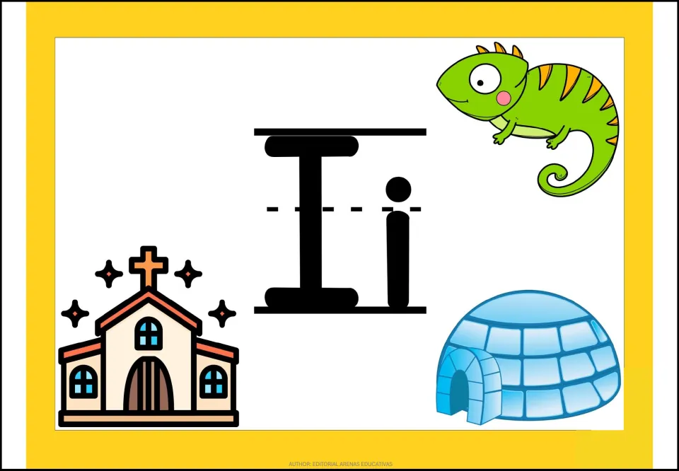 Spanish vowel I poster showing uppercase I and lowercase i with pictures of an iguana, church, and igloo