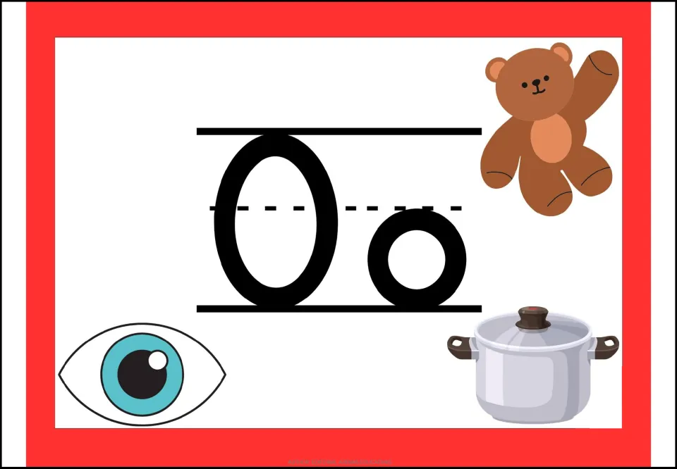 Spanish vowel O poster showing uppercase O and lowercase o with pictures of a bear, eye, and cooking pot