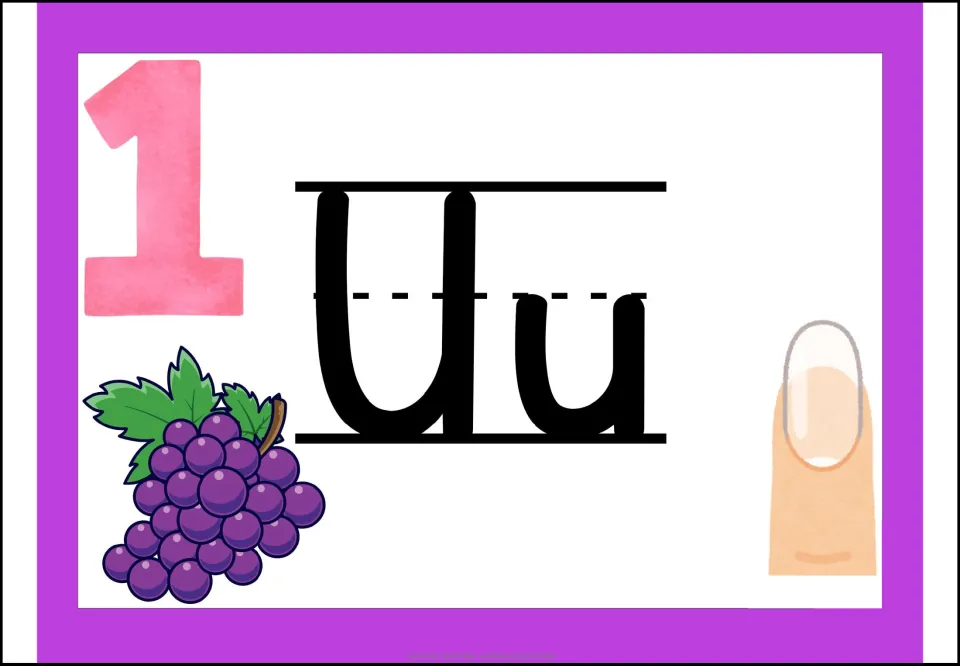 Spanish vowel U poster showing uppercase U and lowercase u with the number 1, grapes, and a fingernail