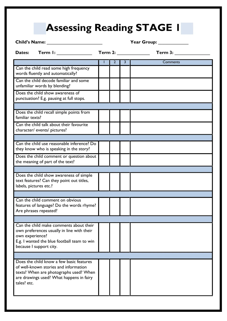 Assessing Reading Stage 1 checklist: teacher rates a child each term on blending, high frequency words and simple recall