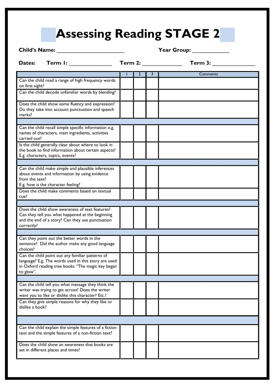 Assessing Reading Stage 2 checklist: teacher rates decoding, fluency, inference and fiction vs non-fiction features