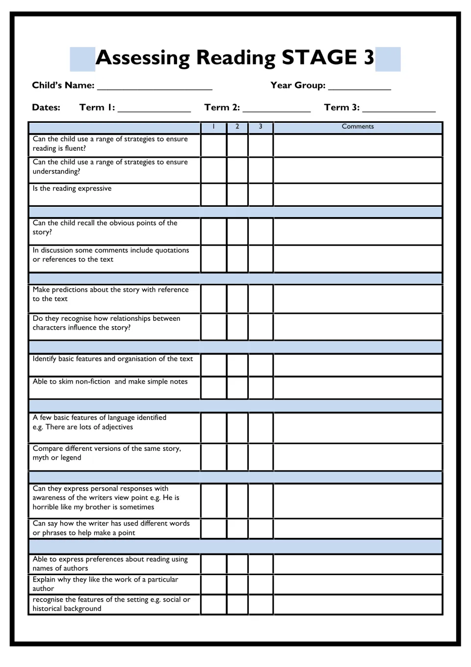 Assessing Reading Stage 3 checklist: teacher rates expressive reading, predictions, skimming and comparing myths
