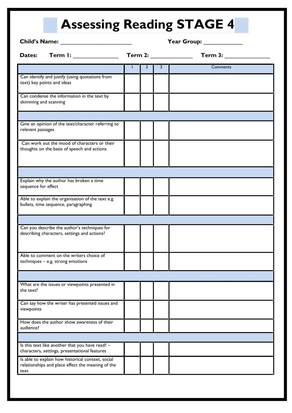 Assessing Reading Stage 4 checklist: teacher rates using quotations, character mood, text organisation and viewpoints