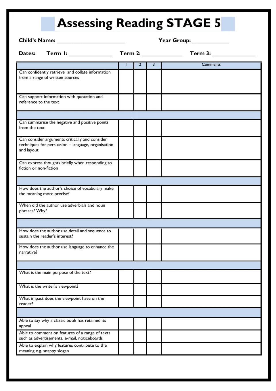 Assessing Reading Stage 5 checklist: teacher rates retrieval, persuasion techniques, vocabulary choice and viewpoint