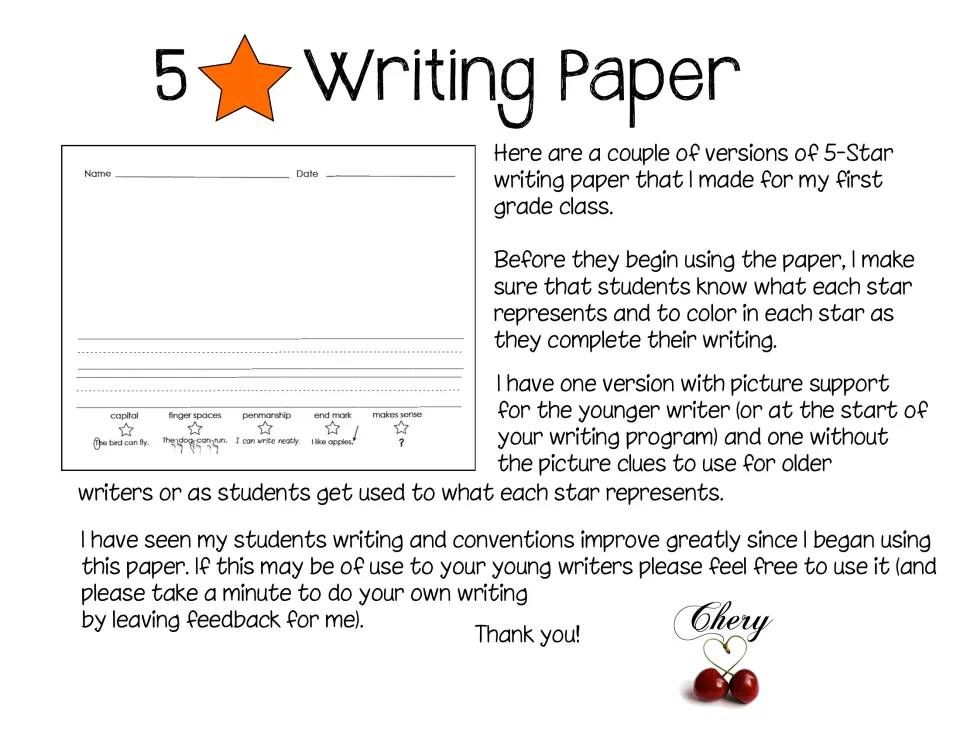 Introduction to 5 Star Writing Paper explaining two reminder versions and how students color each star