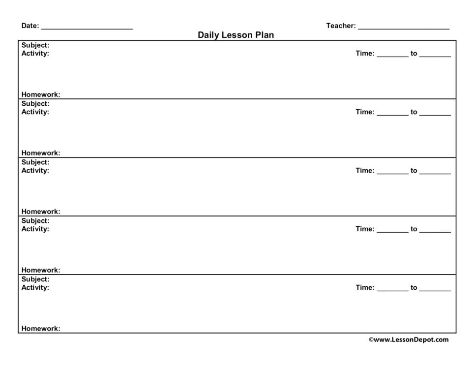 Daily lesson plan template for five subjects, each with activity, time, and homework; date and teacher fields.