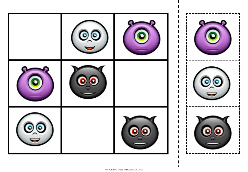 Halloween picture sudoku: students cut out ghost, purple cyclops and black cat faces to fill the 3 blank squares