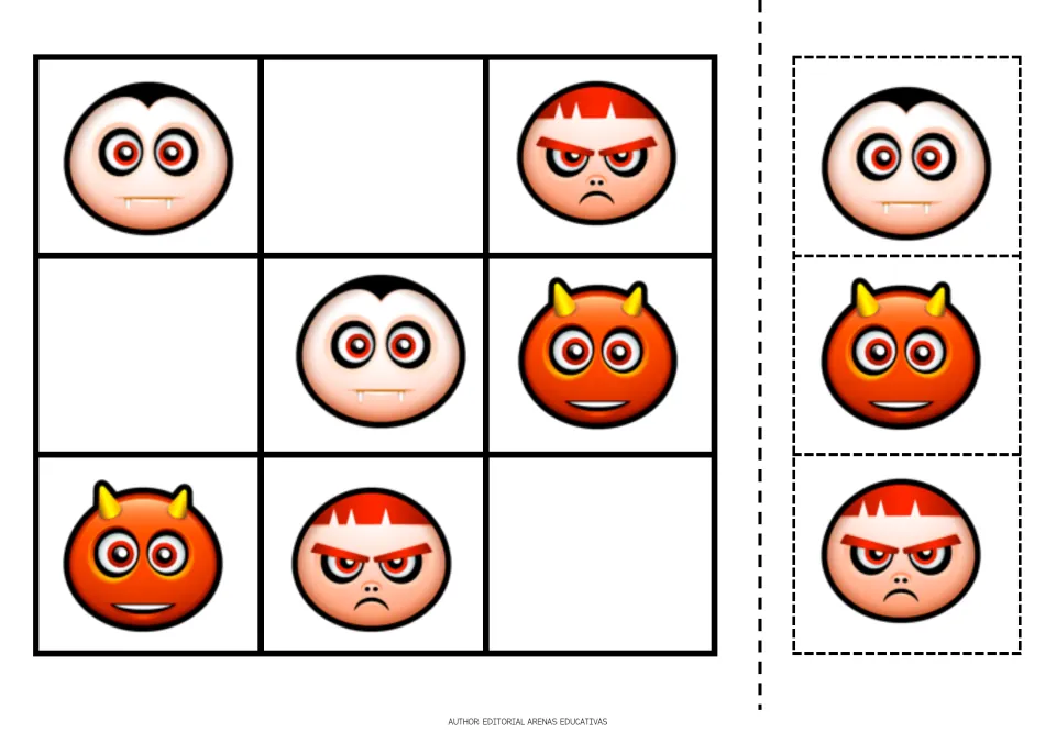 Halloween picture sudoku: students place vampire, red devil and angry red-haired faces in the 3 empty squares using logic
