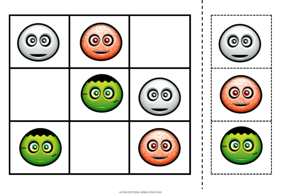 Halloween picture sudoku: students cut out white, orange and green Frankenstein faces and fill each row and column once