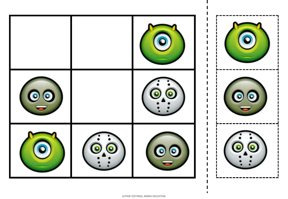 Halloween picture sudoku: students solve 3 gaps with green cyclops, olive and hockey-mask faces so no face repeats