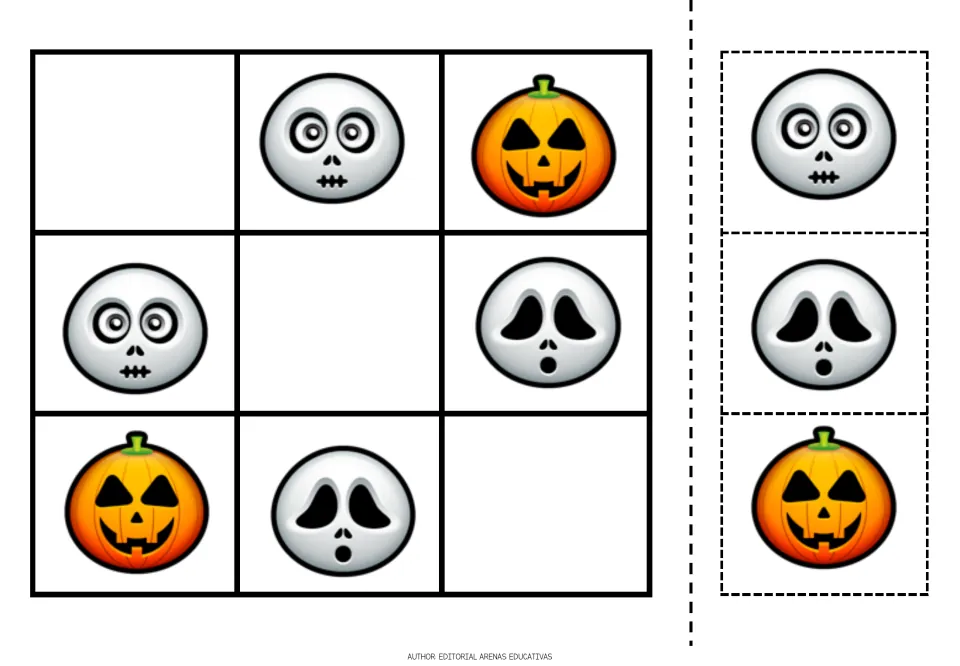 Halloween picture sudoku: students cut out skeleton, ghost and jack-o'-lantern faces to complete the 3 missing squares