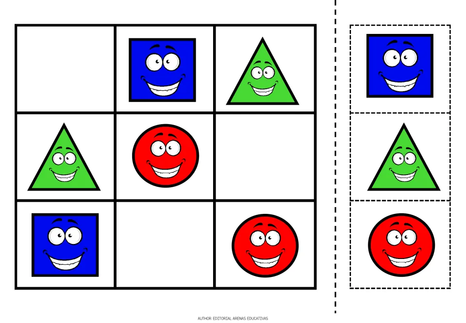 Shape sudoku puzzle 1 uses blue squares, green triangles, and red circles, with three matching cutouts