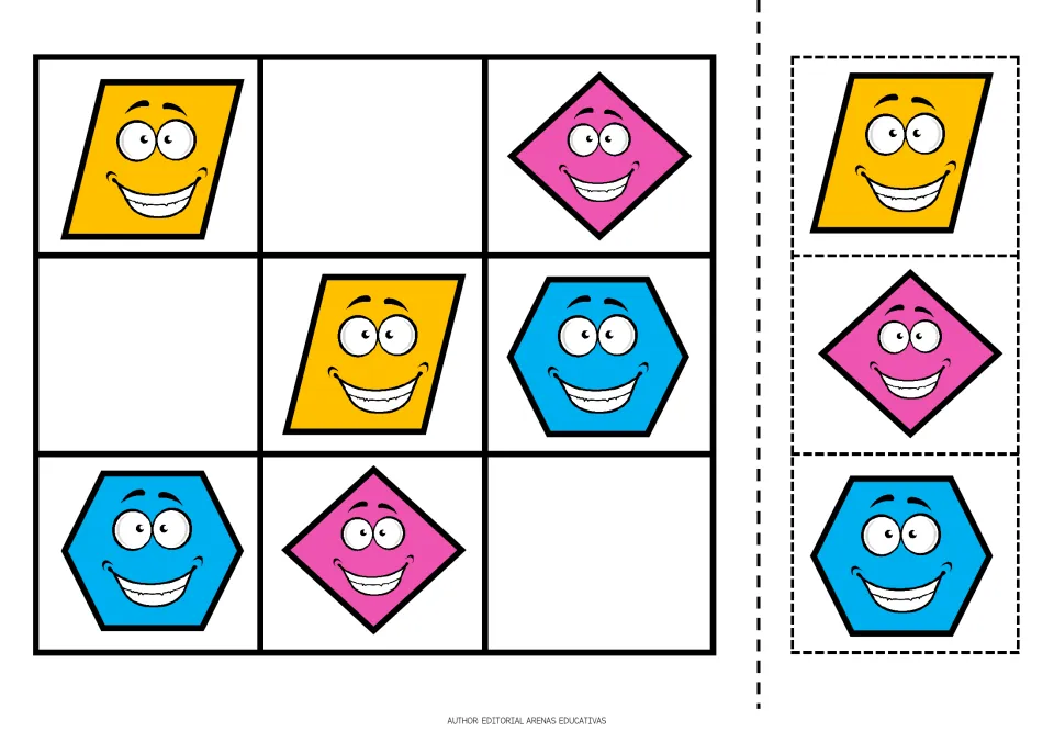 Shape sudoku puzzle 2 uses yellow parallelograms, pink diamonds, and blue hexagons, with three cutouts