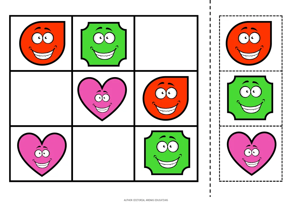 Shape sudoku puzzle 3 uses orange teardrops, green shapes with indented corners, and pink hearts, with cutouts