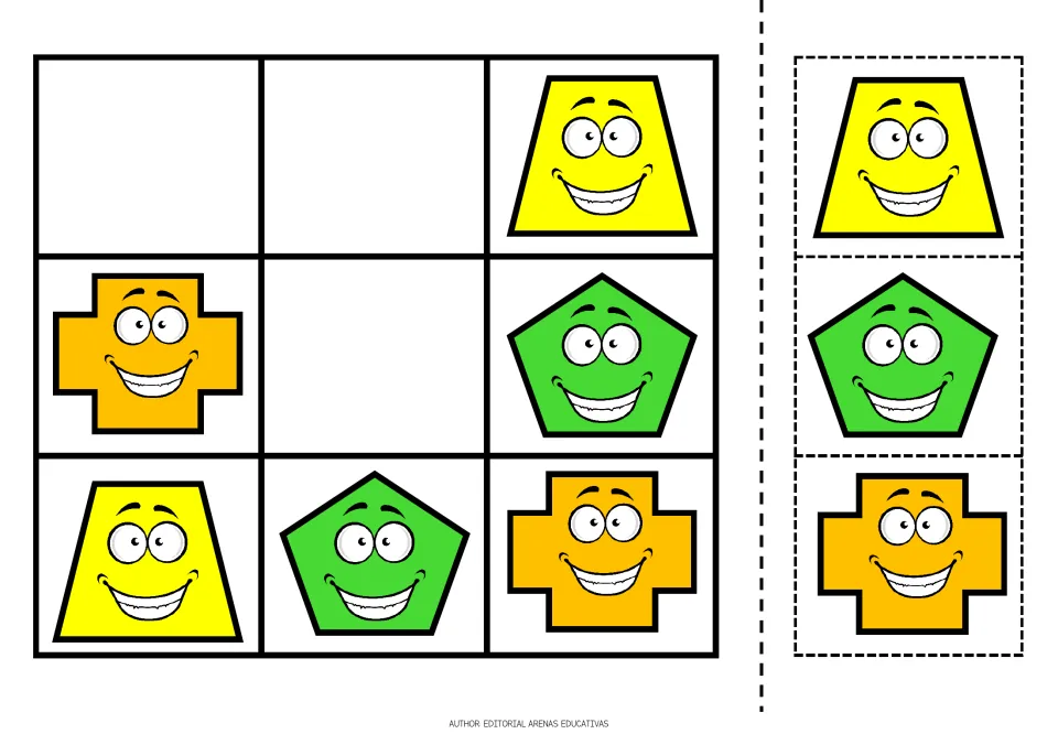 Shape sudoku puzzle 4 uses yellow trapezoids, green pentagons, and gold crosses, with three cutouts