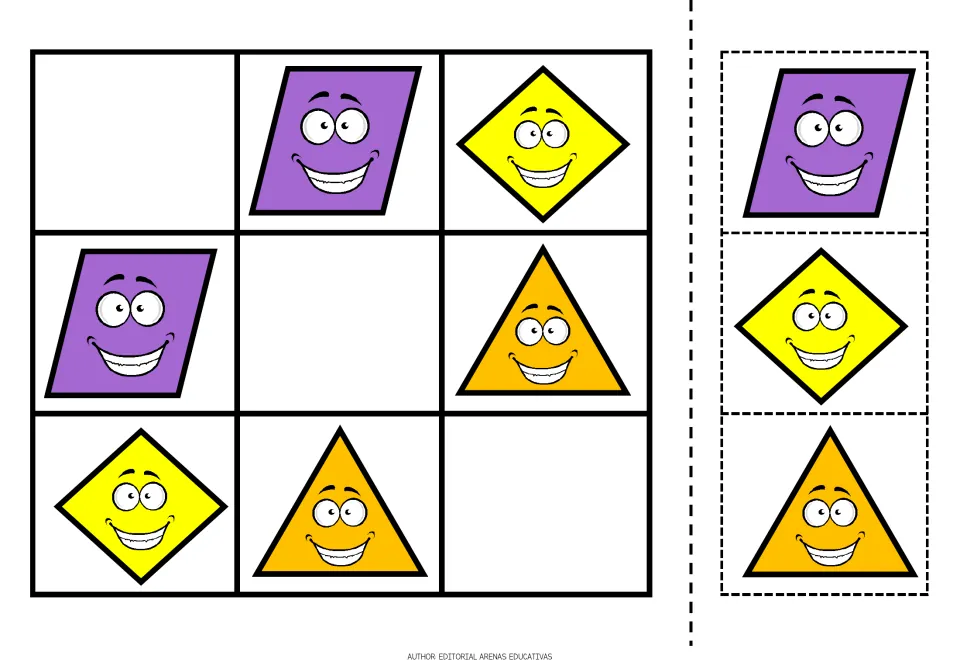 Shape sudoku puzzle 5 uses purple parallelograms, yellow diamonds, and gold triangles, with cutouts