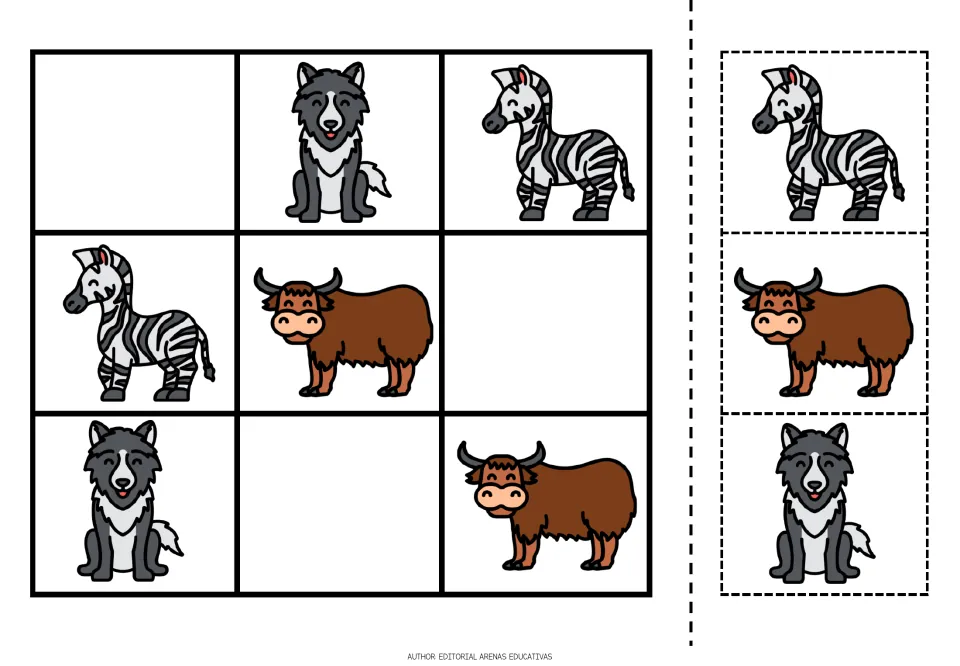 Picture sudoku with a wolf, zebra and yak: students cut out the 3 animal cards and place each so no row or column repeats