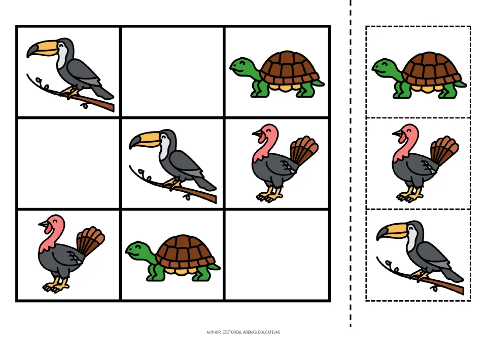 Animal sudoku with a toucan, tortoise and turkey: students fill 3 empty squares using cut-out cards, practising logic