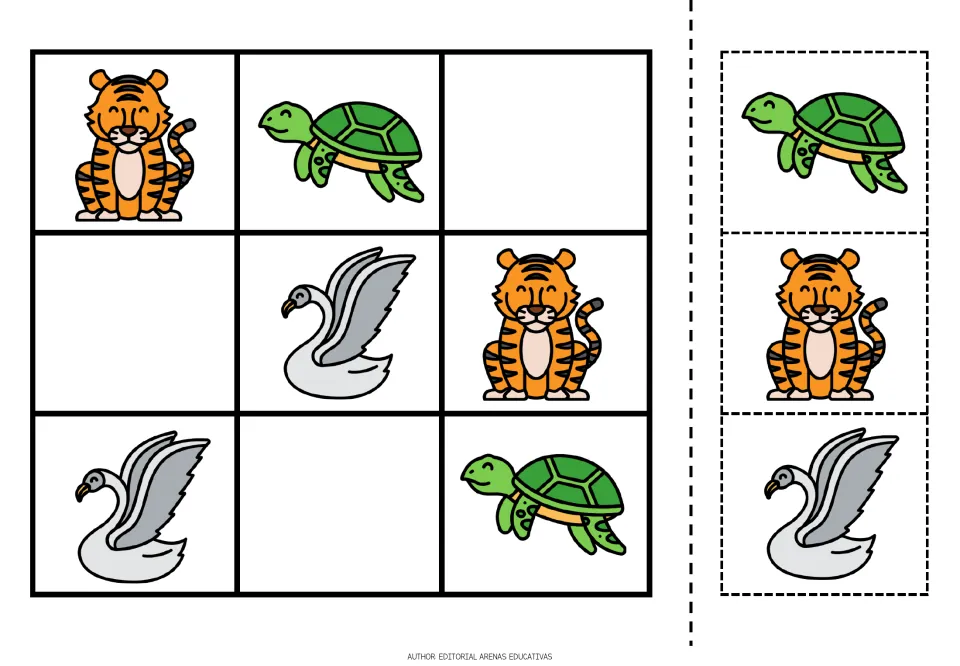 Tiger, sea turtle and swan sudoku: students cut out the picture cards and complete the 3x3 puzzle without repeats